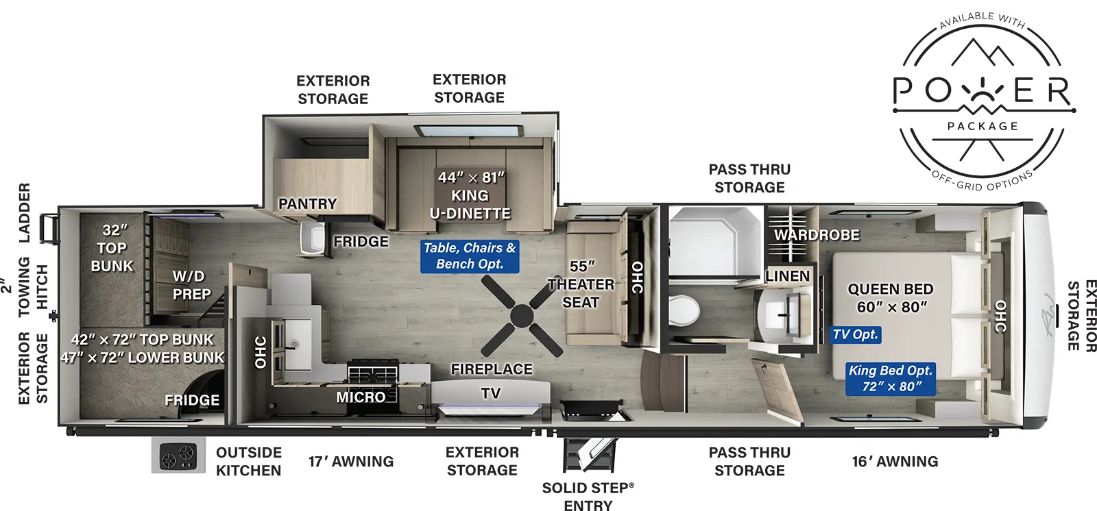 The Rockwood Signature Fifth Wheels R374DBH floorplan has one entry and one slide out. Exterior features include: fiberglass exterior, 17' & 16' awning and outside kitchen. Interiors features include: bunk beds, u-dinette and front bedroom.